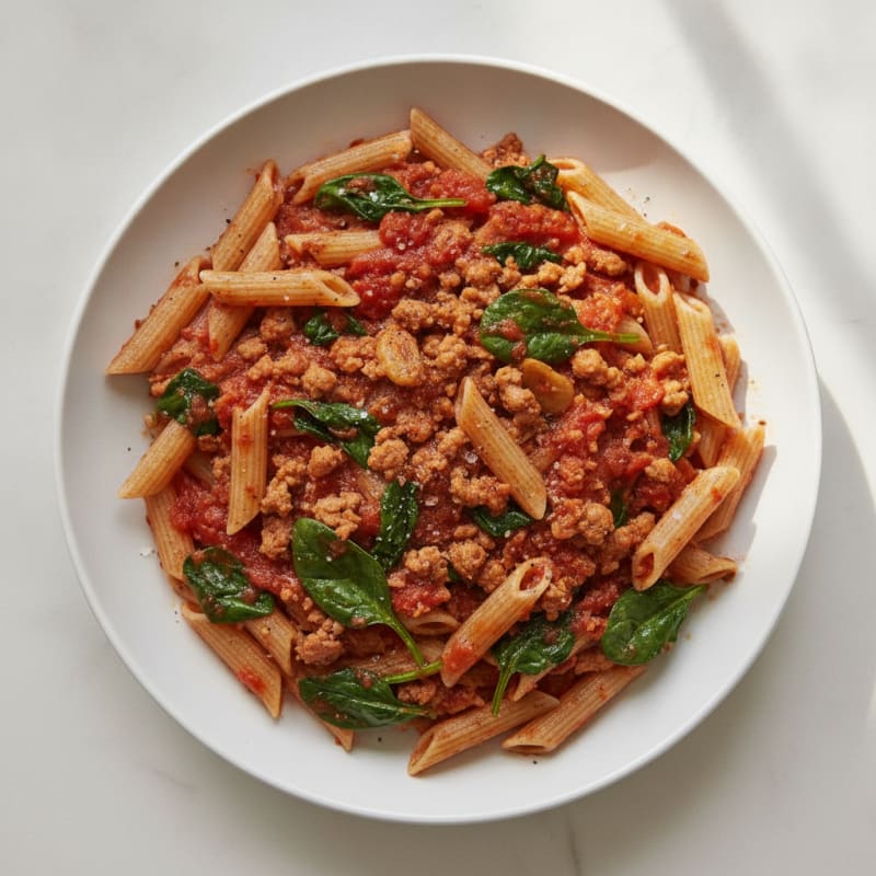 Ground Turkey Pasta with Spinach and Tomatoes