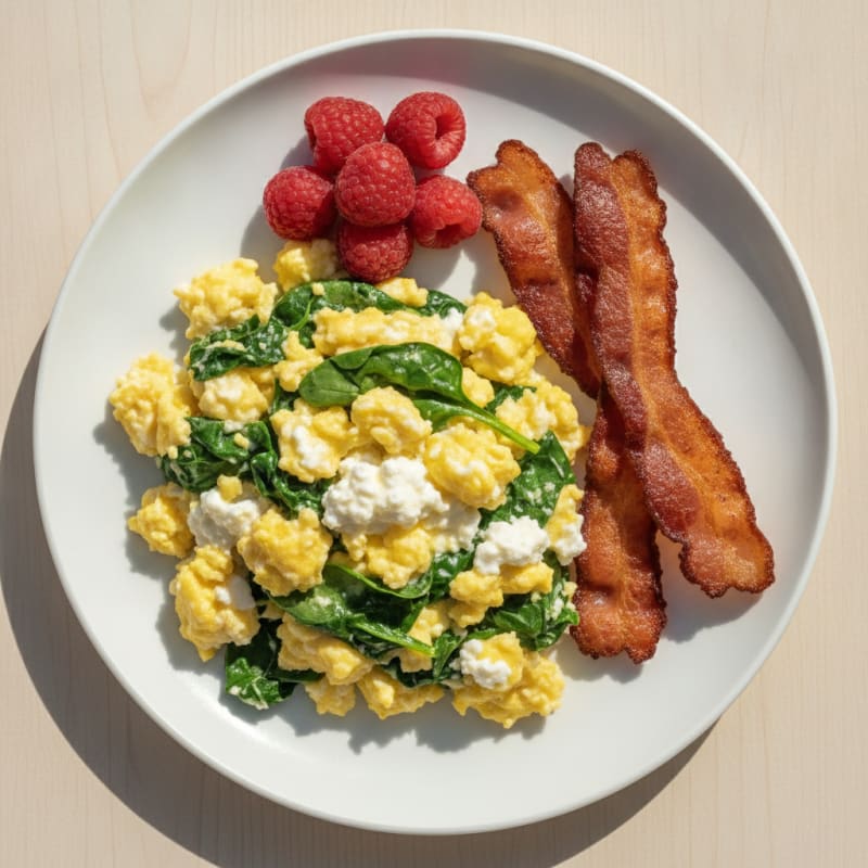 Cottage Cheese Egg Scramble with Spinach and Turkey Bacon