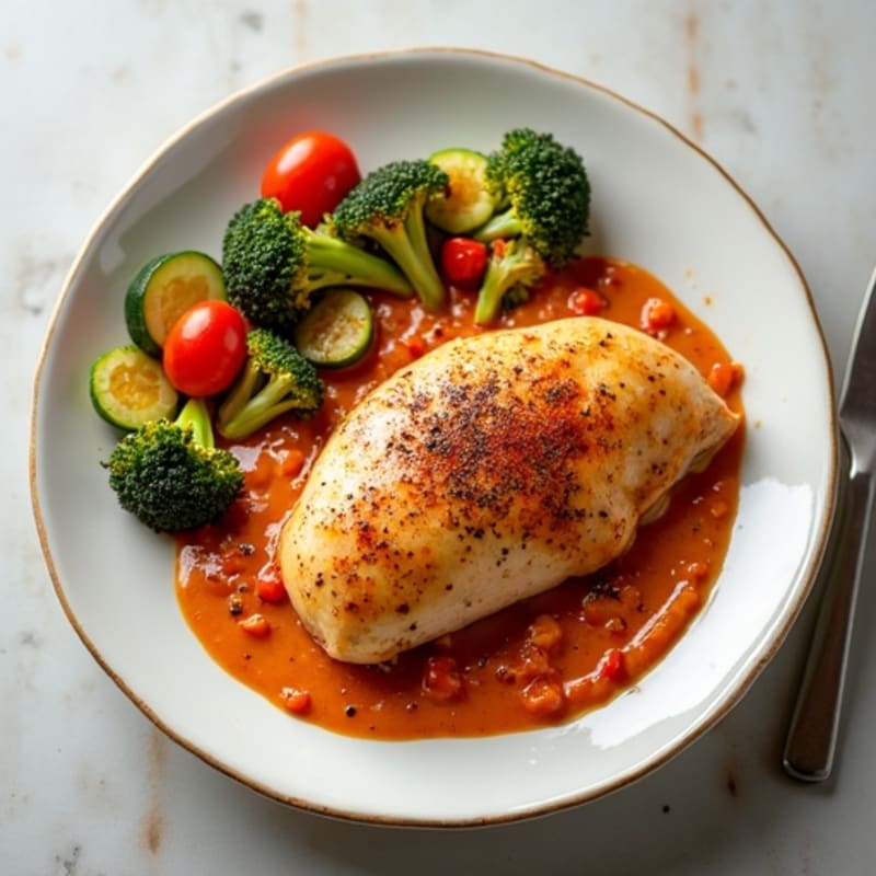 Healthy Spiced Tomato Cream Chicken with Roasted Vegetables