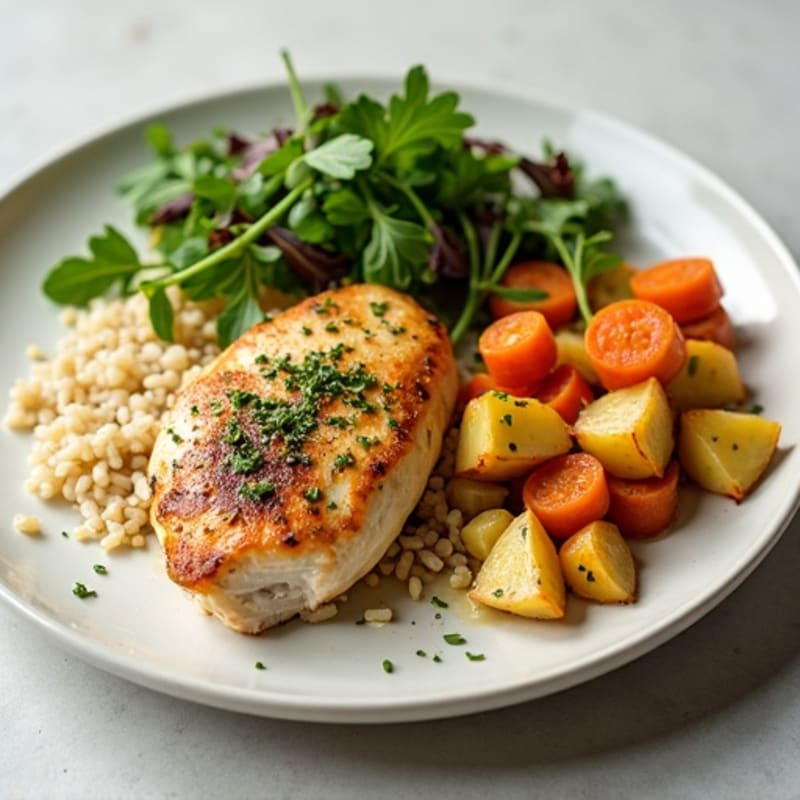 Seared Chicken Breast with Herb Rice and Roasted Vegetables