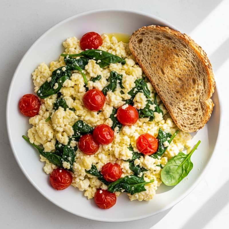 Cottage Cheese Egg Scramble with Spinach and Cherry Tomatoes