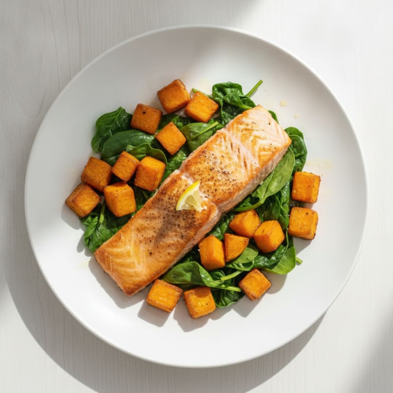 Seared Salmon with Roasted Sweet Potatoes and Wilted Spinach