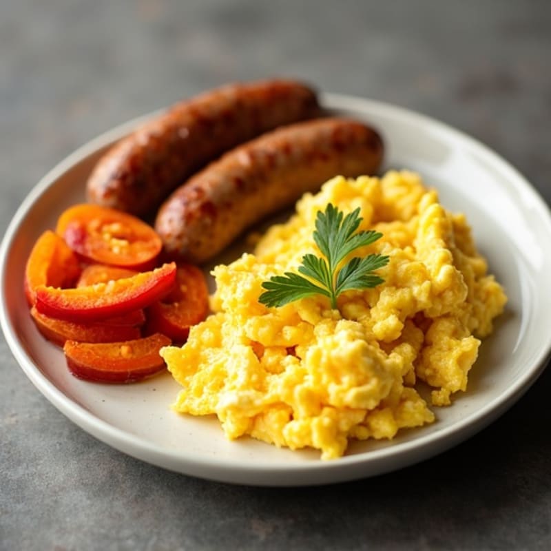 Fluffy Scrambled Eggs with Lean Turkey Sausage and Crispy Sweet Potato Hash