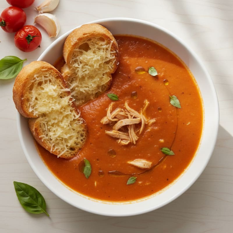 Roasted Tomato Basil Soup with Parmesan Crostini
