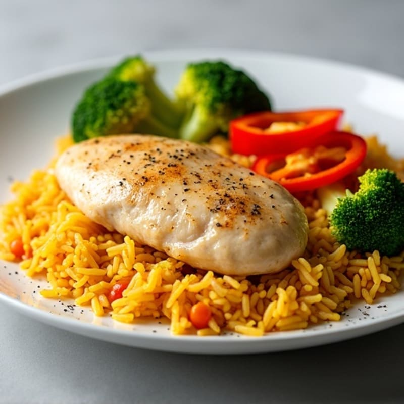One-Pan Lean Chicken with Saffron-Infused Rice and Crispy Vegetables