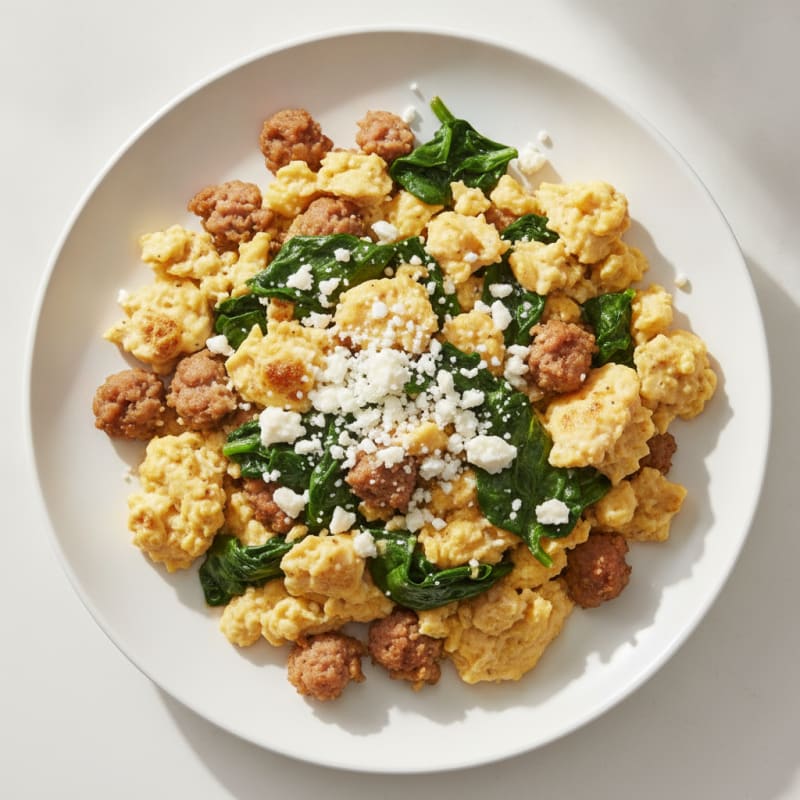 Scrambled Eggs with Turkey Sausage and Sautéed Spinach