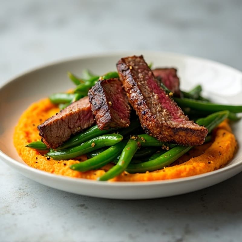 Seared Lean Beef Strips with Steamed Green Beans and Sweet Potato Mash