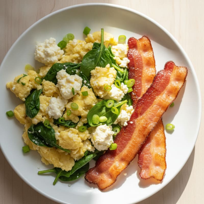 Cottage Cheese and Egg Scramble with Spinach and Turkey Bacon
