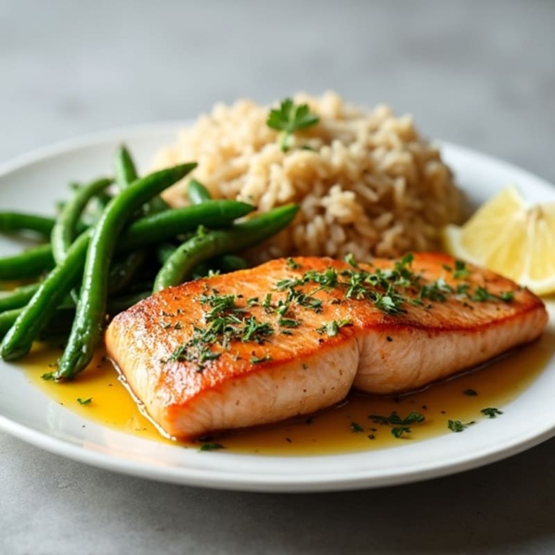 Seared Salmon Fillet with Garlic Green Beans and Brown Rice