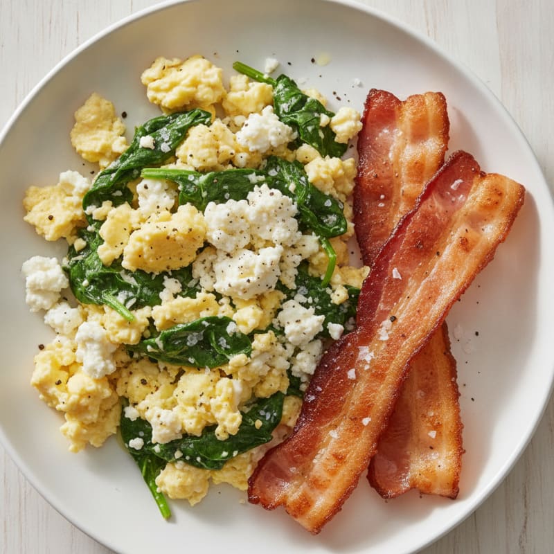 Cottage Cheese Egg Scramble with Spinach and Turkey Bacon