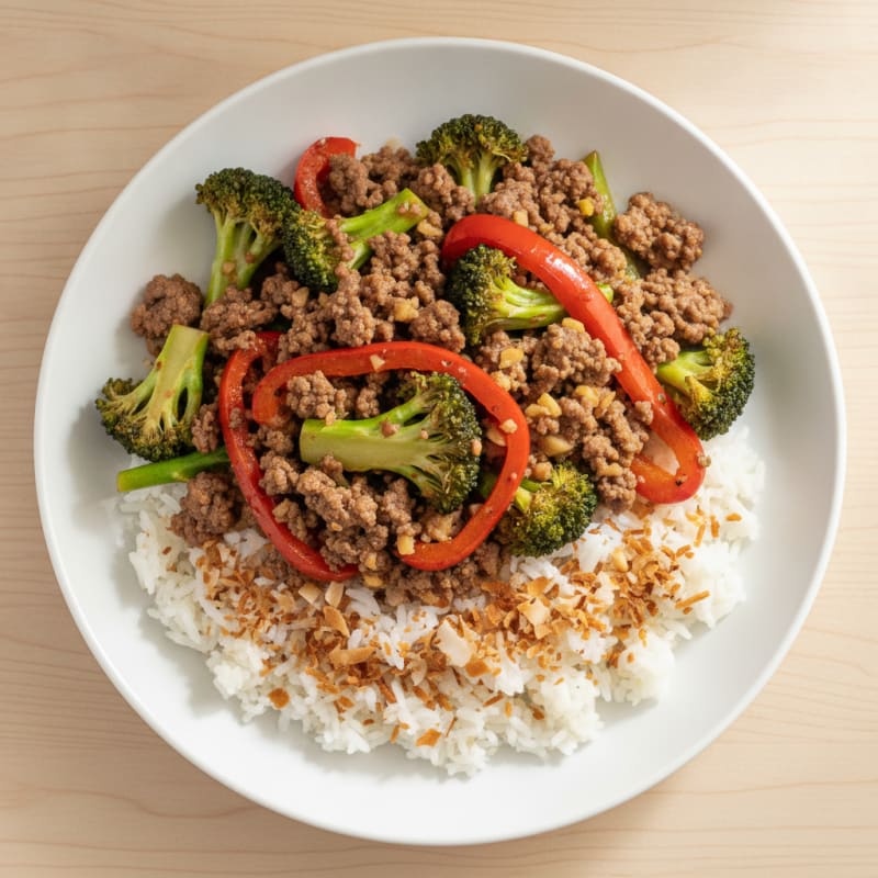 Ground Beef and Veggie Stir-Fry with Coconut Rice