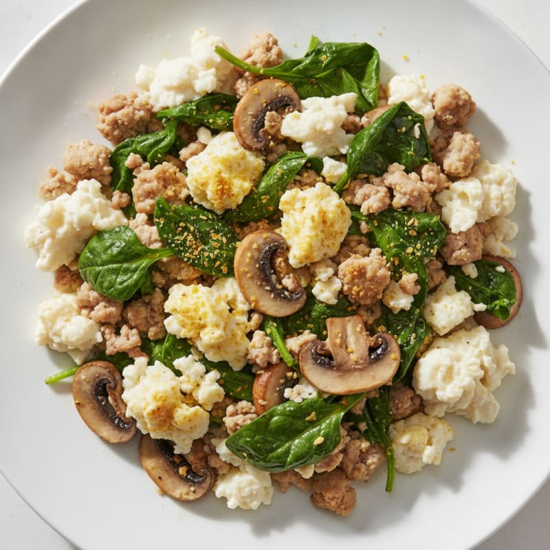 Egg White and Turkey Spinach Scramble with Sautéed Mushrooms