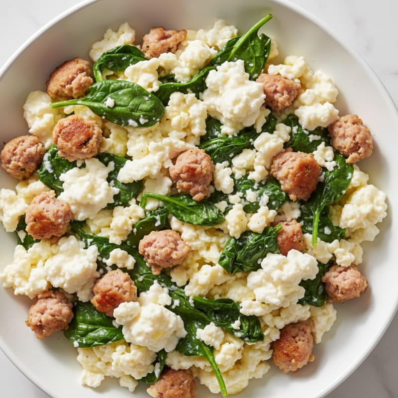 Egg White and Turkey Sausage Scramble with Spinach and Cottage Cheese