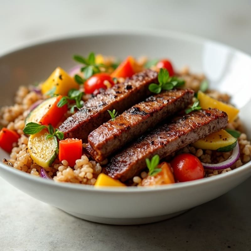 Grilled Beef Strips over Roasted Vegetable Rice Bowl