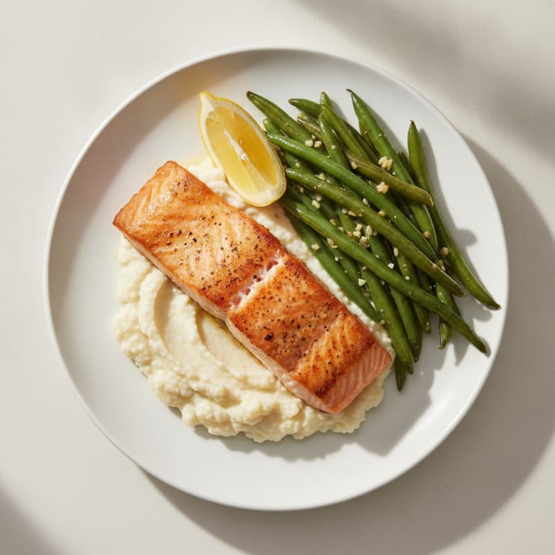 Seared Salmon Fillet with Garlic Green Beans and Cauliflower Mash