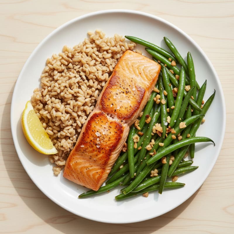 Seared Salmon with Garlic Green Beans and Brown Rice
