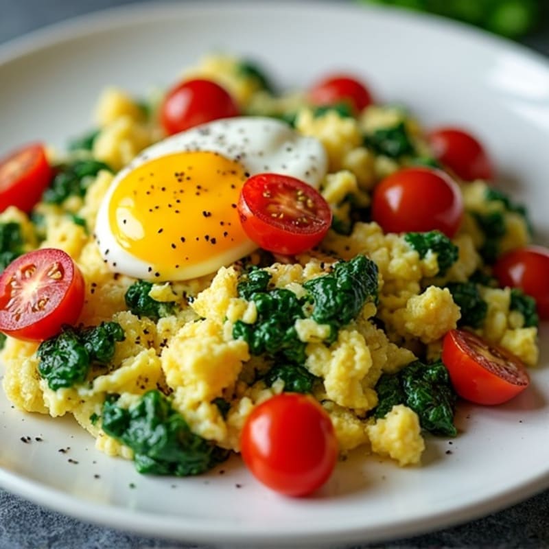 Quick Scrambled Eggs with Sautéed Spinach and Cherry Tomatoes