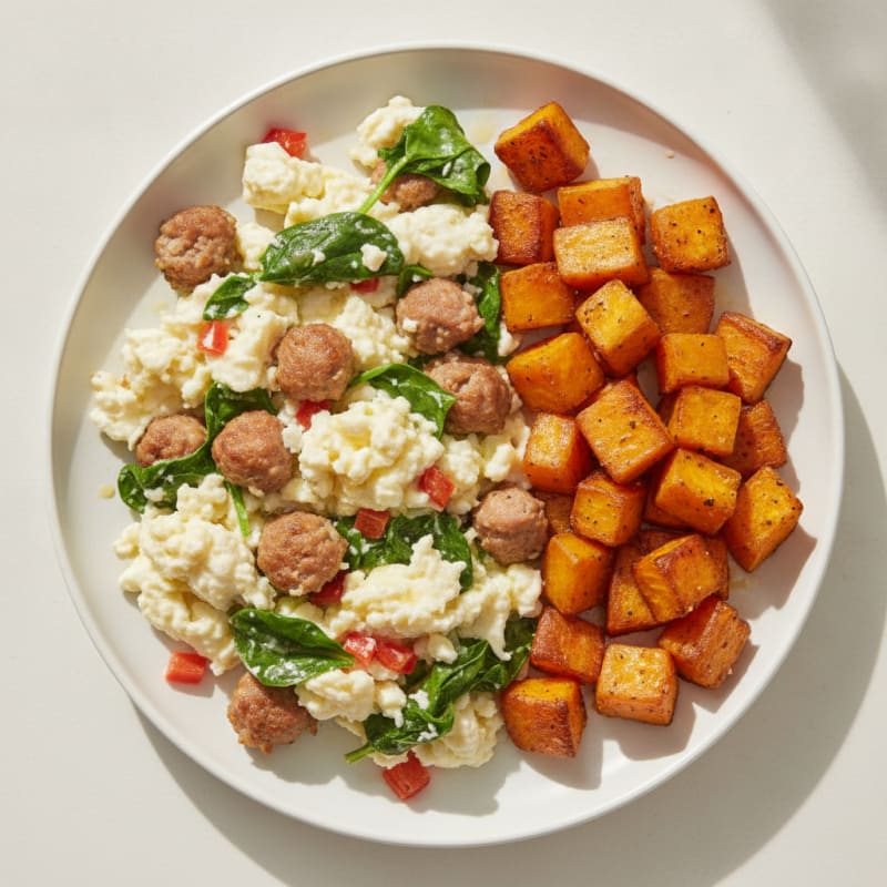 Egg White and Turkey Sausage Scramble with Roasted Sweet Potatoes