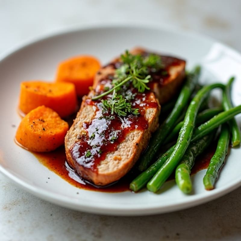 Sticky Balsamic-Maple Glazed Pork Tenderloin with Roasted Sweet Potatoes and Sautéed Green Beans