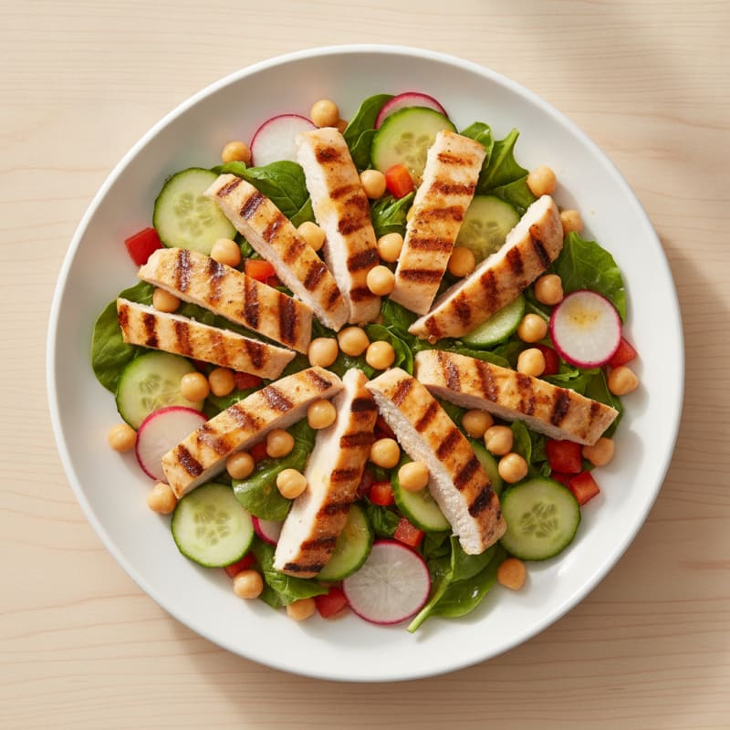 Grilled Chicken Breast Salad with Chickpeas and Crunchy Vegetables