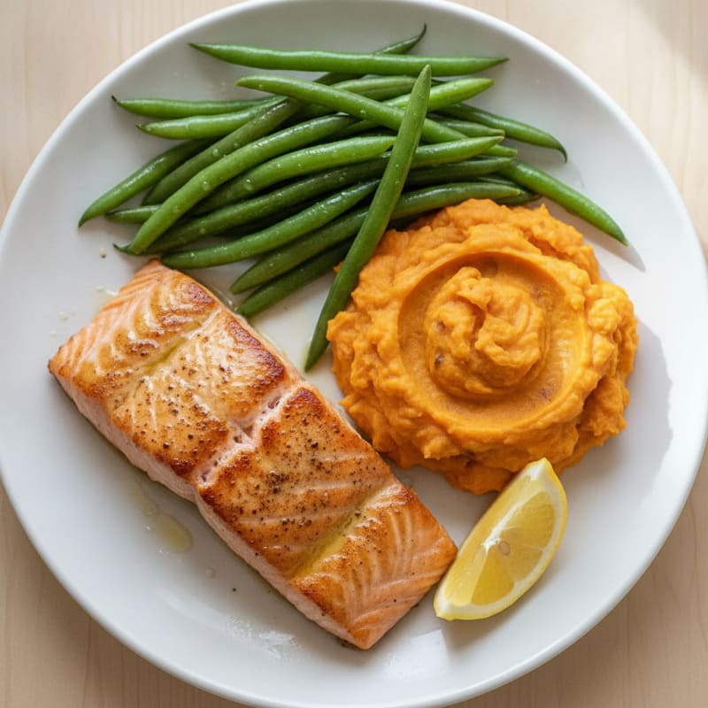 Seared Salmon with Steamed Green Beans and Mashed Sweet Potato