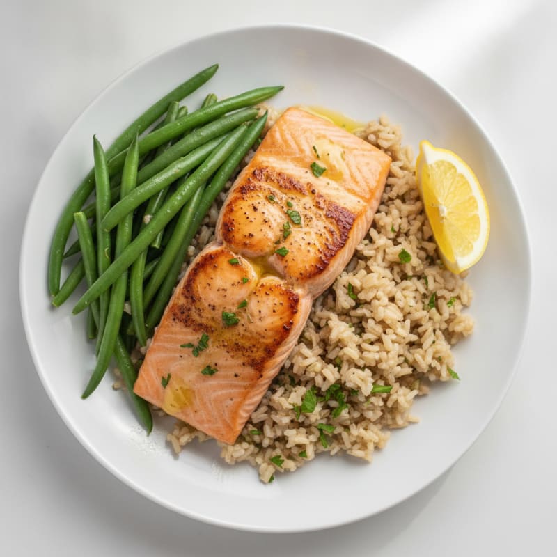 Seared Salmon Fillet with Steamed Green Beans and Herbed Brown Rice