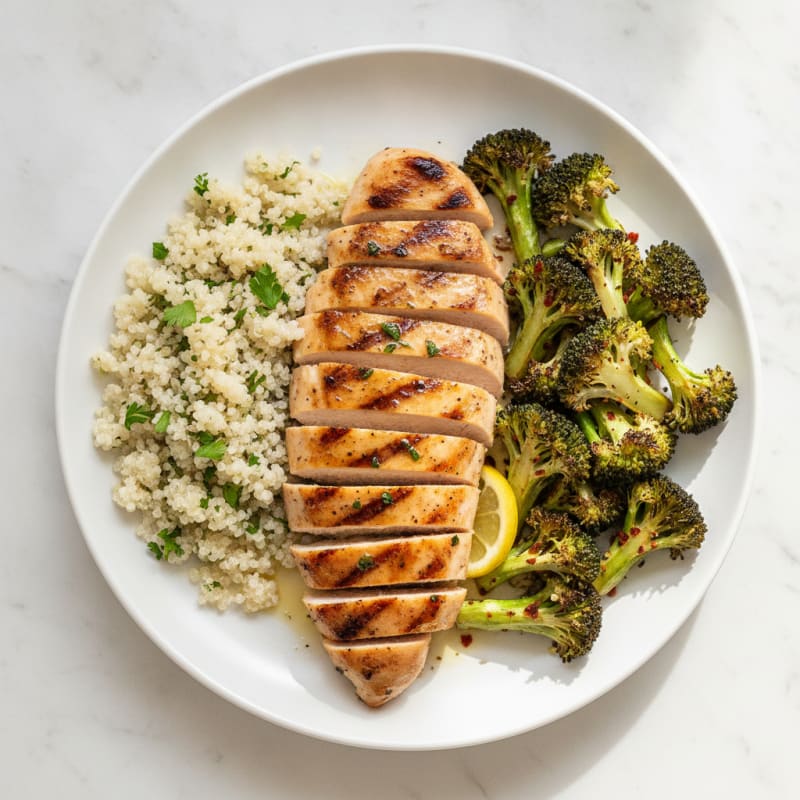 Grilled Chicken Breast with Quinoa and Roasted Broccoli
