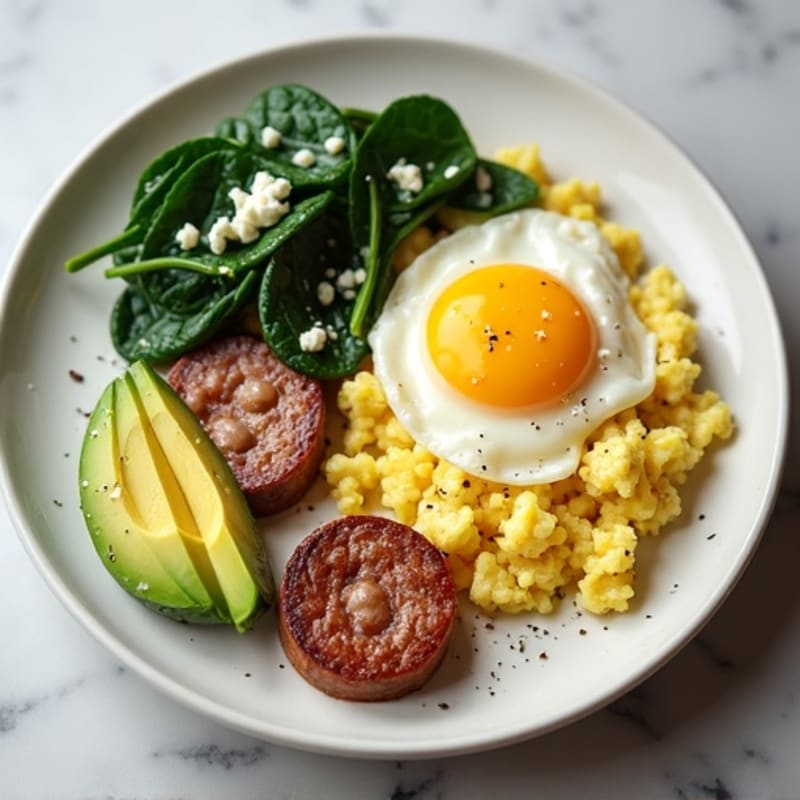 Egg White Scramble with Turkey Sausage and Sautéed Spinach