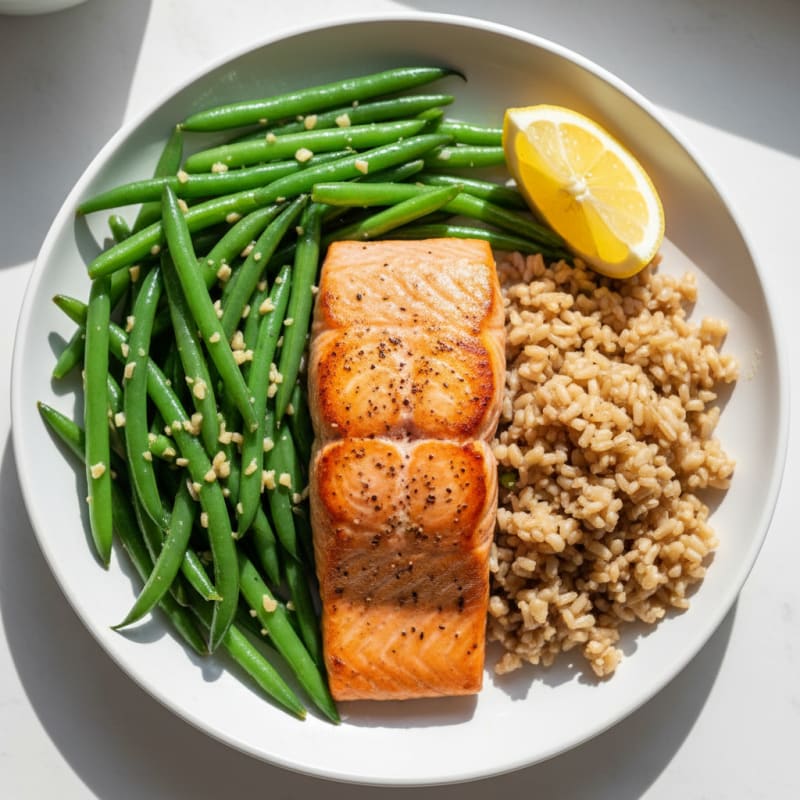 Seared Salmon Fillet with Garlic Green Beans and Brown Rice