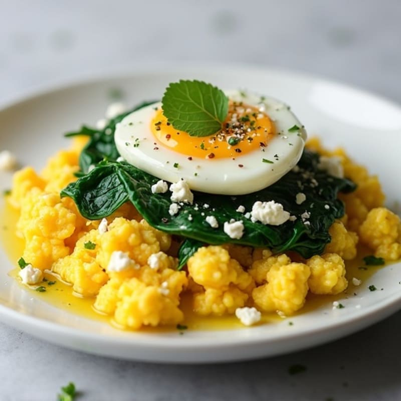 Fluffy Scrambled Eggs with Sautéed Spinach and Feta