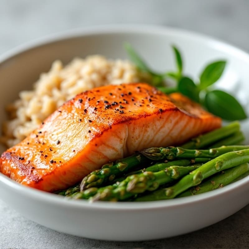 Seared Salmon Fillet with Steamed Asparagus and Brown Rice