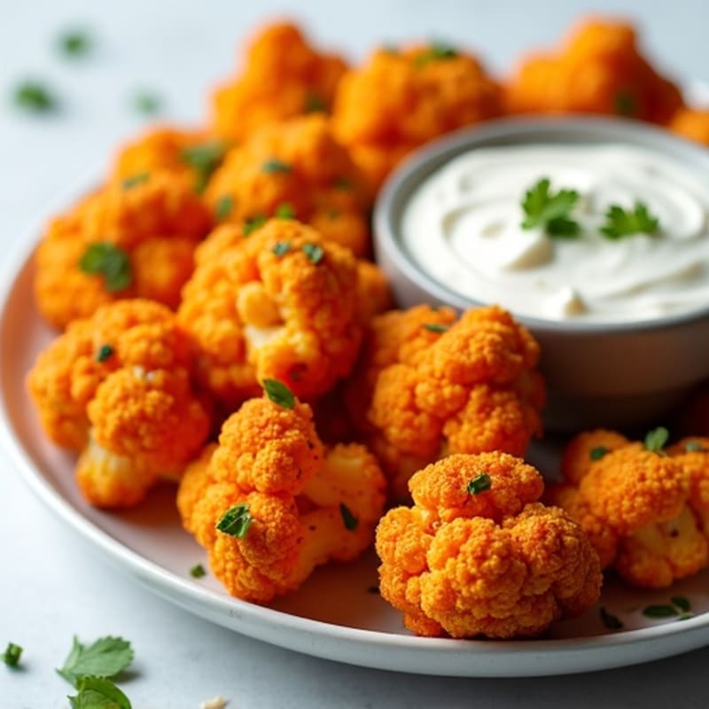 Crispy Buffalo Roasted Cauliflower Bites with Greek Yogurt Buffalo Dip