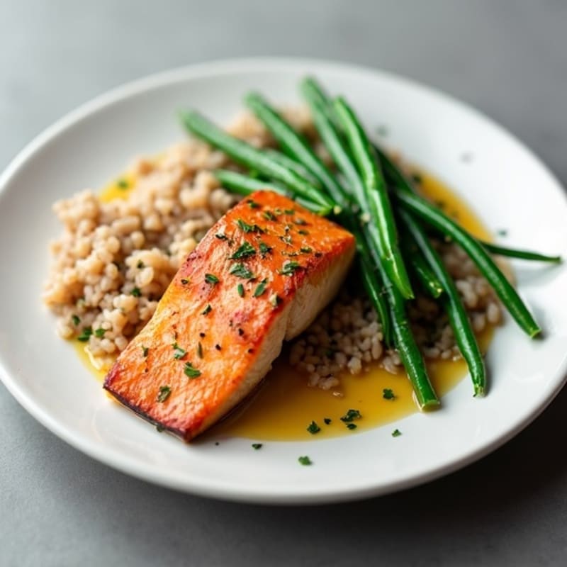 Seared Salmon with Steamed Green Beans and Brown Rice