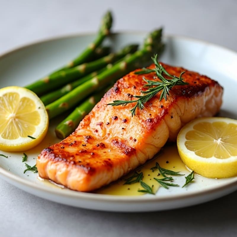 Crispy Pan-Seared Salmon with Roasted Asparagus and Lemon