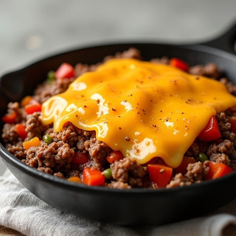 Skillet Taco-Spiced Ground Beef with Bell Peppers and Melted Cheese