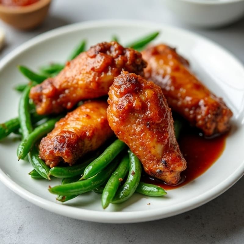 Crispy Baked Spicy BBQ Chicken Wings with Roasted Green Beans
