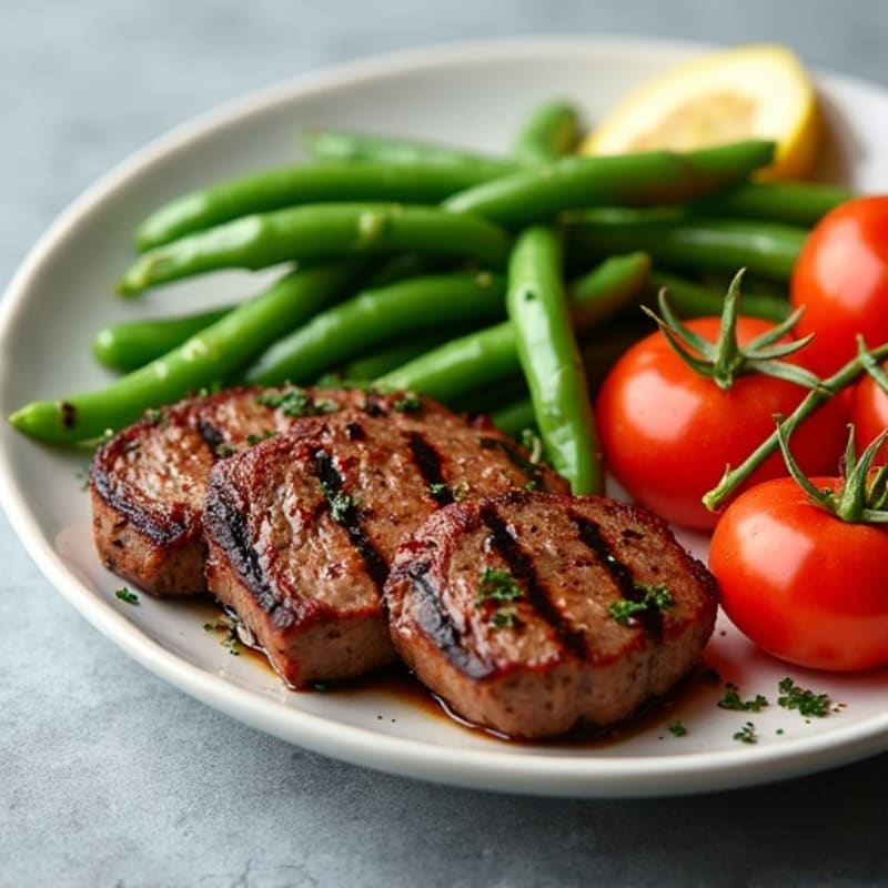 Grilled Beef Sirloin with Steamed Green Beans and Tomato Salad