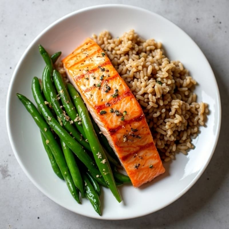Seared Salmon with Garlic Green Beans and Brown Rice