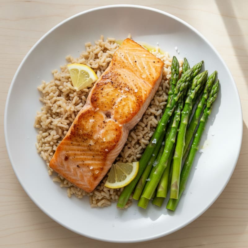 Seared Salmon Fillet with Steamed Asparagus and Brown Rice