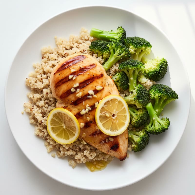 Grilled Lemon-Garlic Chicken Breast with Quinoa and Steamed Broccoli