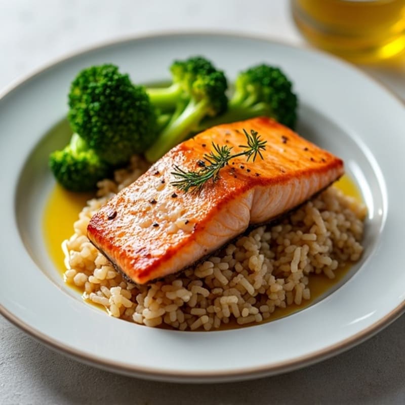 Seared Salmon with Steamed Broccoli and Brown Rice