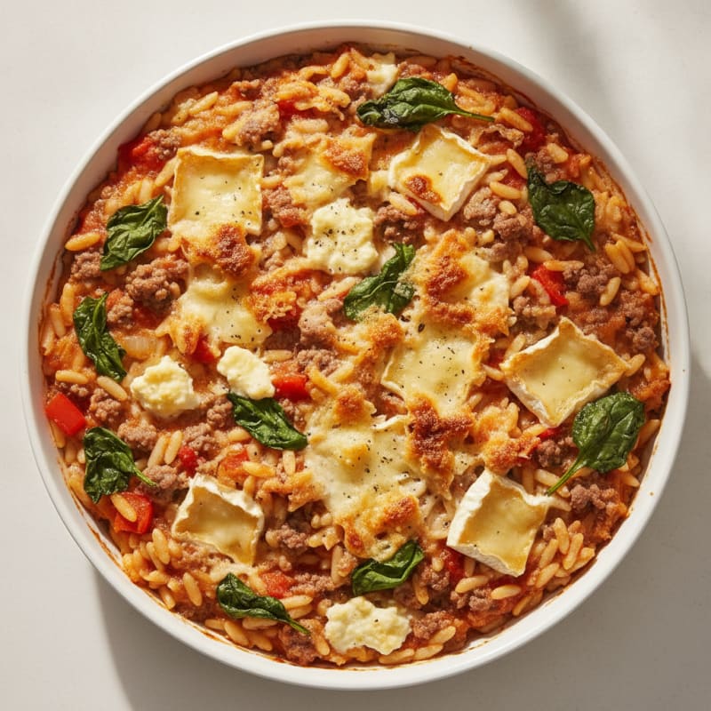 Beef and Camembert Risoni Bake