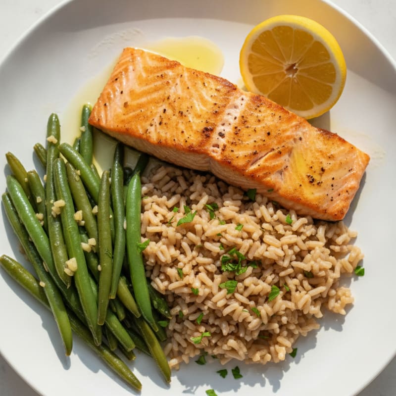 Seared Salmon Filet with Garlic Green Beans and Brown Rice