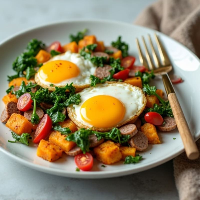 Egg White and Turkey Sausage Scramble with Spinach and Roasted Sweet Potato