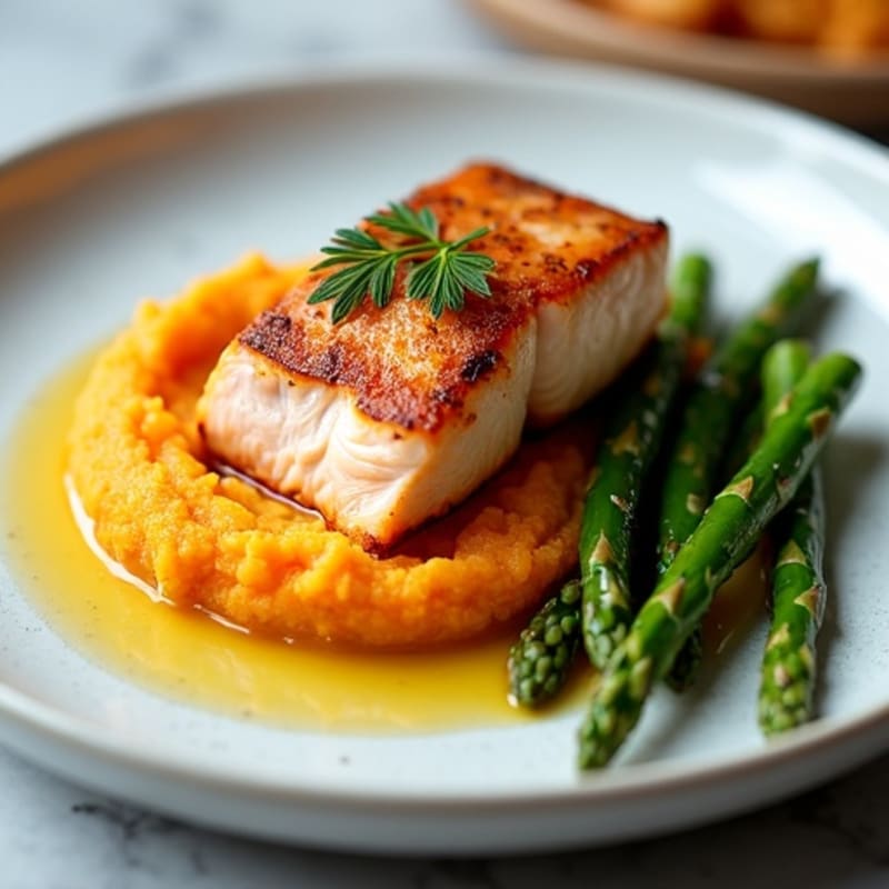 Seared Salmon with Roasted Asparagus and Sweet Potato Mash