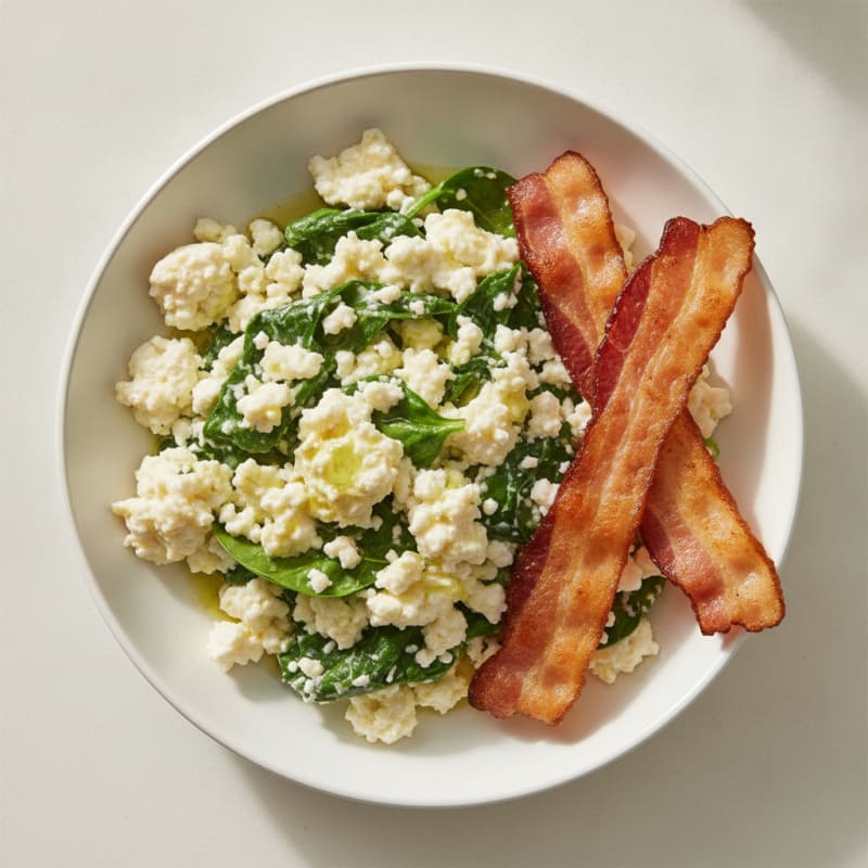 Cottage Cheese Scramble with Spinach and Turkey Bacon