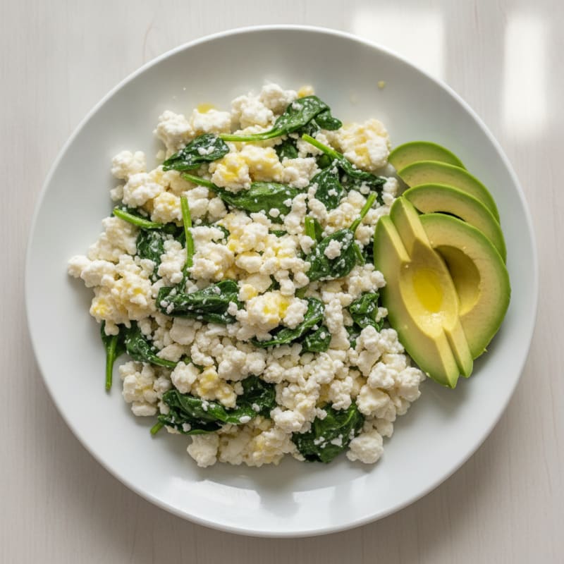 Egg White Scramble with Cottage Cheese and Sautéed Spinach