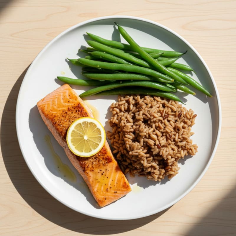 Seared Salmon Filet with Steamed Green Beans and Brown Rice