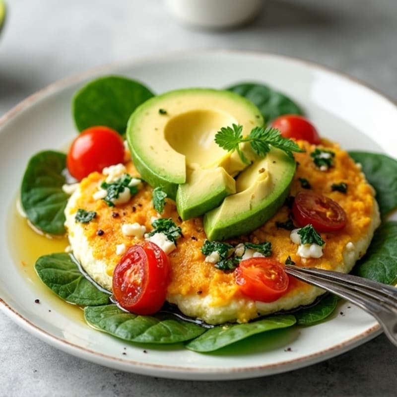 Egg White Scramble with Spinach, Feta, Cherry Tomatoes, and Avocado