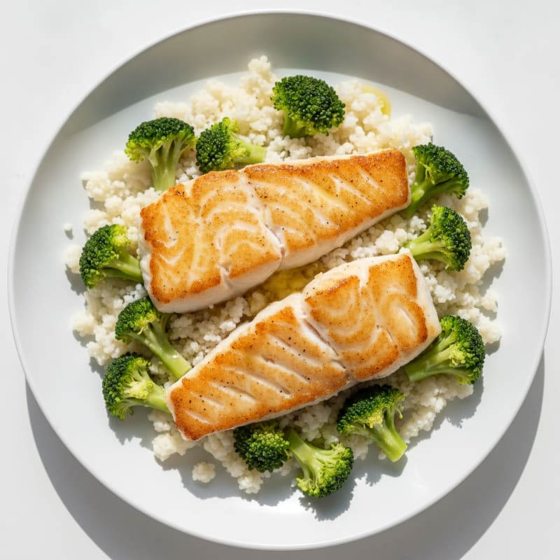 Seared Cod with Steamed Broccoli and Cauliflower Rice
